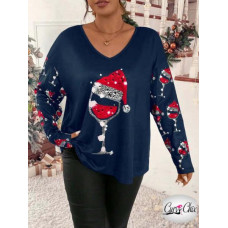 plus size Christmas Hat & Wine Glasses Print Drop Shoulder Top